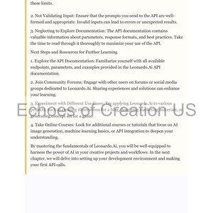 Op de afbeelding: Een witte pagina met zwarte tekst met details over de stappen voor het gebruik van een API, inclusief documentatie, invoervalidatie en online cursussen. De tekst vermeldt ook Leonardo.Ai. De pagina heeft het logo "Echoes of Creation US".