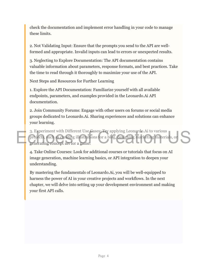 Op de afbeelding: Een witte pagina met zwarte tekst met details over de stappen voor het gebruik van een API, inclusief documentatie, invoervalidatie en online cursussen. De tekst vermeldt ook Leonardo.Ai. De pagina heeft het logo "Echoes of Creation US".