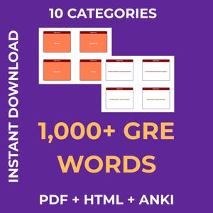 May include: A purple graphic with the text "10 CATEGORIES" and "1,000+ GRE WORDS." The image includes orange boxes with the word "Adjectives" and example words. The bottom of the graphic reads "PDF + HTML + ANKI" and "INSTANT DOWNLOAD."