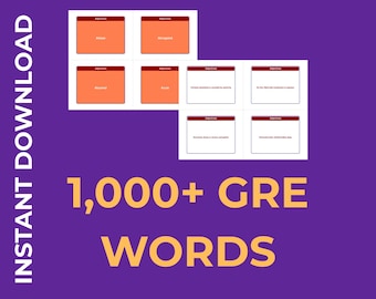 Tarjetas de vocabulario GRE / Más de 1000 tarjetas de estudio imprimibles + mazo de Anki + visor HTML / PDF en color y blanco y negro / 4, 6, 8 y 12 por página