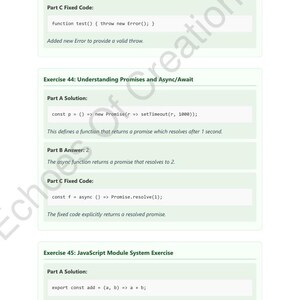 Op de afbeelding: Een pagina uit een leerboek met groene en witte vakken met codefragmenten en uitleg. De tekst bevat "Understanding Promises and Async/Await" en "JavaScript Module System Exercise". De onderkant van de pagina toont "Echoes of Creation US &copy; 2025".