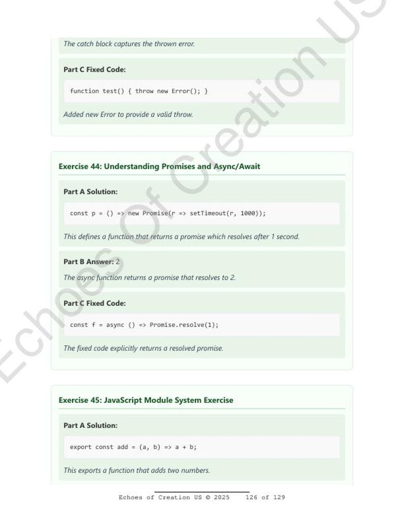 Op de afbeelding: Een pagina uit een leerboek met groene en witte vakken met codefragmenten en uitleg. De tekst bevat "Understanding Promises and Async/Await" en "JavaScript Module System Exercise". De onderkant van de pagina toont "Echoes of Creation US &copy; 2025".