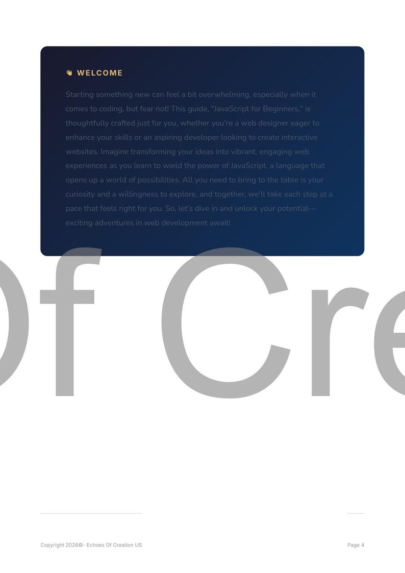 May include: A dark blue rectangular graphic with the word "WELCOME" at the top. The text describes a guide for learning JavaScript for beginners, encouraging web designers and developers to create interactive websites. The text is in white.