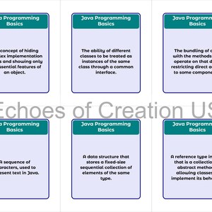 May include: Six rectangular cards with blue borders and the text "Java Programming Basics" at the top. Each card contains a definition related to Java programming, such as "The concept of hiding complex implementation details."