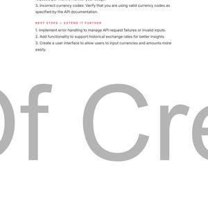 May include: White background with text in black and gray. The text includes instructions on API usage, including setting environment variables, request limits, and currency codes. Additional text suggests extending functionality.