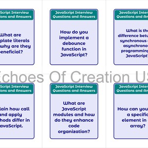 Peut inclure: Six cartes avec des questions et r&eacute;ponses d'entretien JavaScript. Chaque carte a une bordure turquoise et le texte "JavaScript Interview Questions and Answers". Les questions portent sur les litt&eacute;raux de mod&egrave;le et les modules JavaScript.
