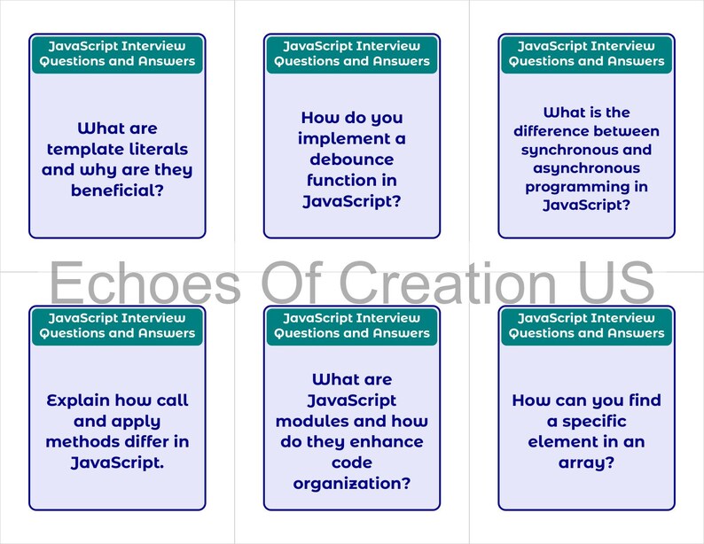 Peut inclure: Six cartes avec des questions et r&eacute;ponses d'entretien JavaScript. Chaque carte a une bordure turquoise et le texte "JavaScript Interview Questions and Answers". Les questions portent sur les litt&eacute;raux de mod&egrave;le et les modules JavaScript.
