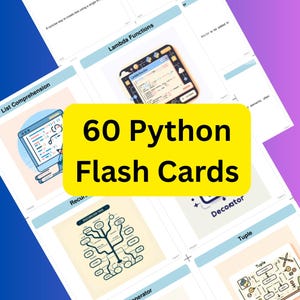 May include: A collection of 60 Python Flash Cards with various programming concepts. The cards are displayed on a gradient background with a PDF icon in the lower left corner. Topics include Lambda Functions and List Comprehension.