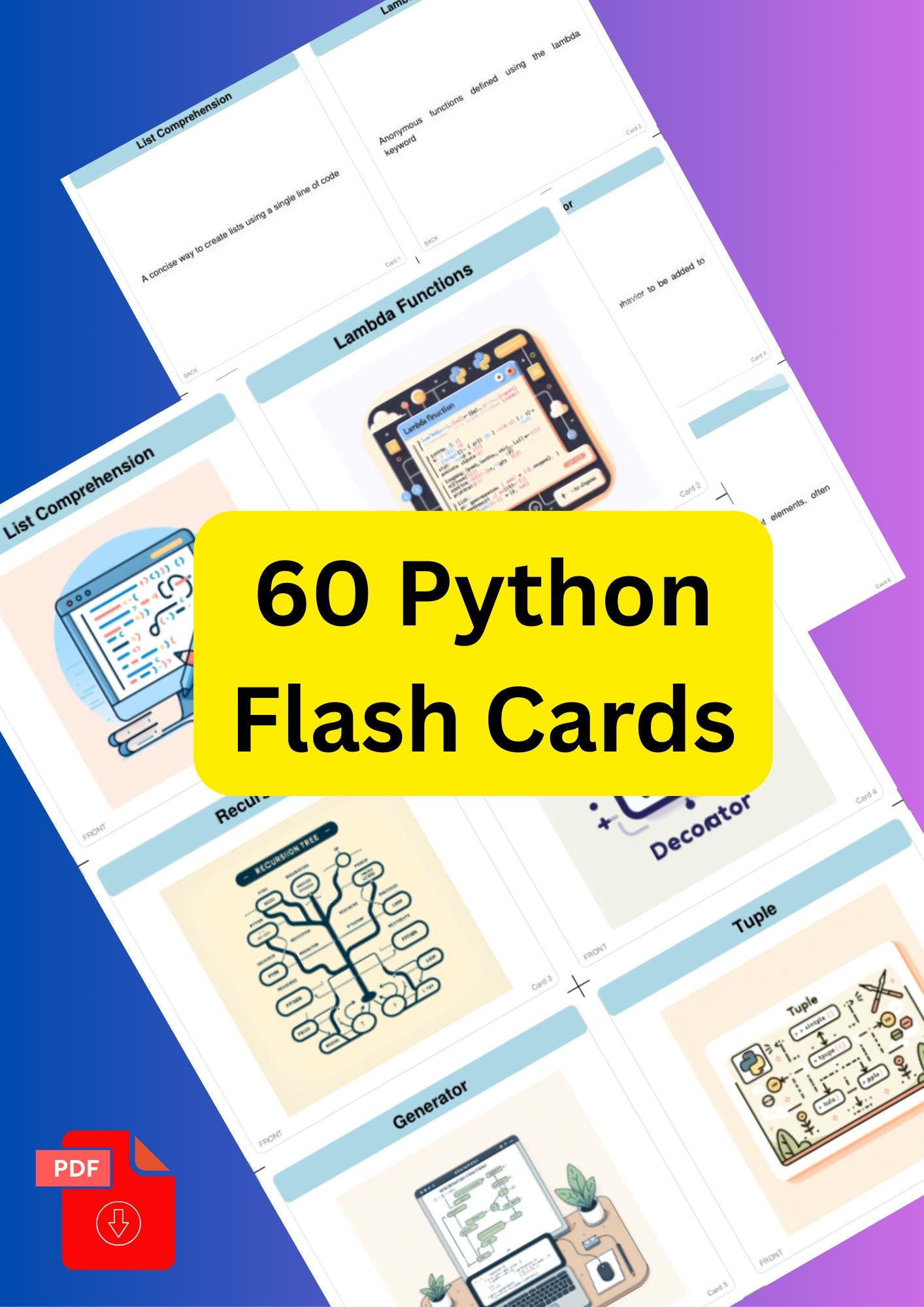 Python Flash Cards: 60 Printable Study Cards (Digital Download)