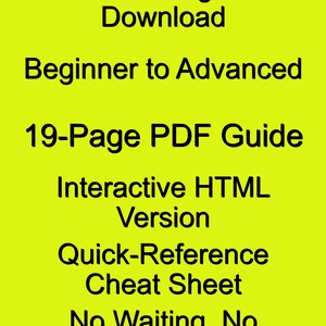 Op de afbeelding: Een digitale downloadafbeelding op een heldergele achtergrond. Tekst bevat "Directe digitale download", "Beginner tot Gevorderd", "19-pagina's PDF-gids", "Interactieve HTML-versie" en "Snelzoek Cheat Sheet".