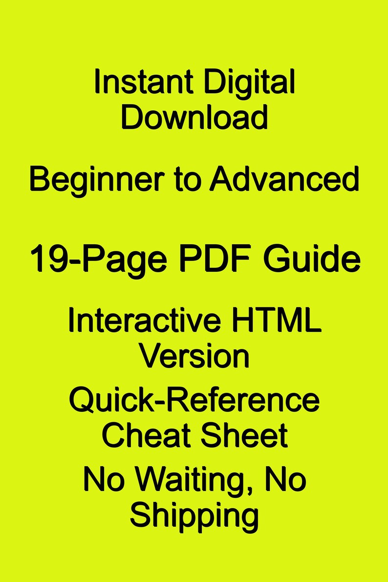 Op de afbeelding: Een digitale downloadafbeelding op een heldergele achtergrond. Tekst bevat "Directe digitale download", "Beginner tot Gevorderd", "19-pagina's PDF-gids", "Interactieve HTML-versie" en "Snelzoek Cheat Sheet".