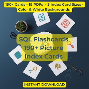 SQL Flashcards 190+ Picture Index Cards | Visual Database Study Set | Printable PDF 3x5 4x6 5x8 | SQL Terms & Concepts