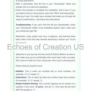 Może przedstawiać: Biało-zielona strona informacyjna od Echoes of Creation US, wyjaśniająca instalację Pythona i podstawowe pojęcia matematyczne. Tekst zawiera instrukcje, wskaz&oacute;wki dotyczące rozwiązywania problem&oacute;w i przykłady.