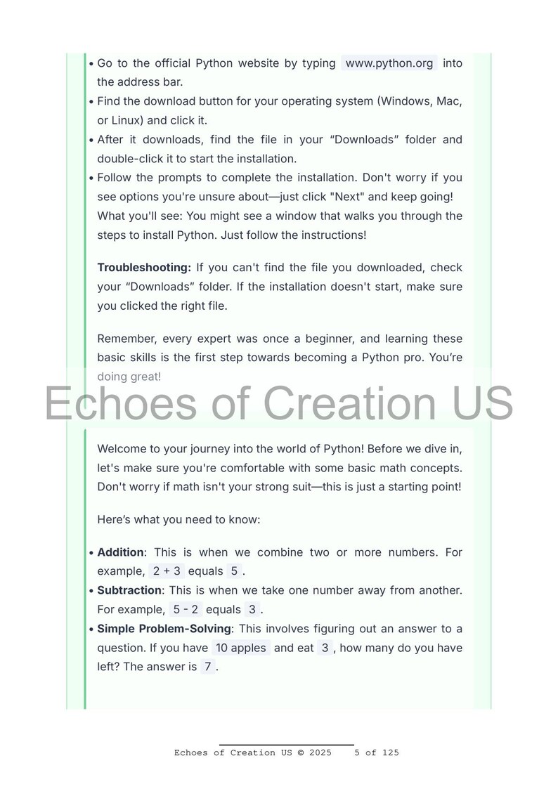 Może przedstawiać: Biało-zielona strona informacyjna od Echoes of Creation US, wyjaśniająca instalację Pythona i podstawowe pojęcia matematyczne. Tekst zawiera instrukcje, wskaz&oacute;wki dotyczące rozwiązywania problem&oacute;w i przykłady.