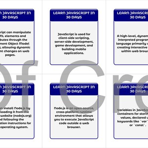 Może przedstawiać: Sześć kart informacyjnych z tytułem "Nauka JavaScript w 30 dni". Każda karta zawiera zwięzłe wyjaśnienia koncepcji JavaScript, w tym manipulacji DOM, skrypt&oacute;w po stronie klienta i Node.js.