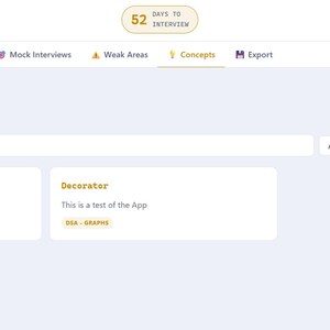 May include: Screenshot of the PyTrack interview prep tracker website. The page displays a 'Concept Bank' with options to search terms, add concepts, and select quiz mode. Two concept cards are visible: 'Memorization' and 'Decorator'.