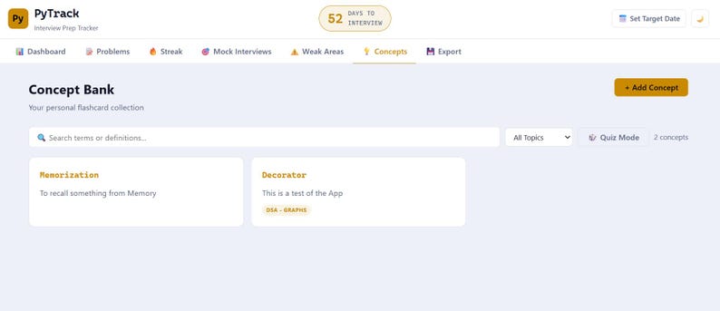 May include: Screenshot of the PyTrack interview prep tracker website. The page displays a 'Concept Bank' with options to search terms, add concepts, and select quiz mode. Two concept cards are visible: 'Memorization' and 'Decorator'.
