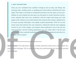 May include: A page from a book titled "What is JavaScript and What Can You Build With It?" The text explains JavaScript's role in web development, including interactive elements and dynamic content. The page includes a code example and copyright information.