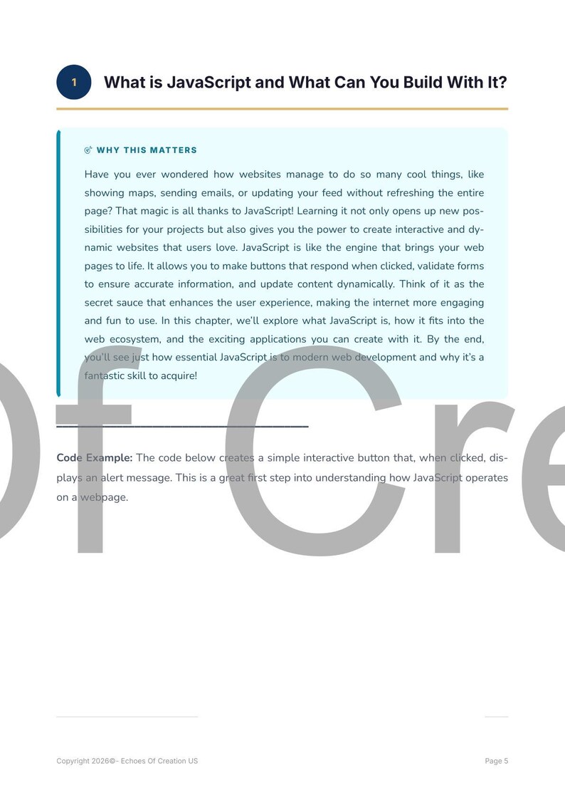 May include: A page from a book titled "What is JavaScript and What Can You Build With It?" The text explains JavaScript's role in web development, including interactive elements and dynamic content. The page includes a code example and copyright information.