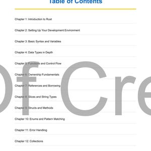 May include: A book page displaying a "Table of Contents" with a yellow line. It lists chapters on Rust programming, covering topics such as syntax, data types, and error handling. The bottom of the page reads "Echoes Of Creation US &copy; 2025 1 of 92."