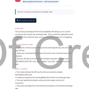 May include: A webpage screenshot detailing the Currency Exchange API. The page includes a title, description, and setup instructions. The API is from ExchangeRate-API and allows currency conversion. The page is white with blue and red accents.