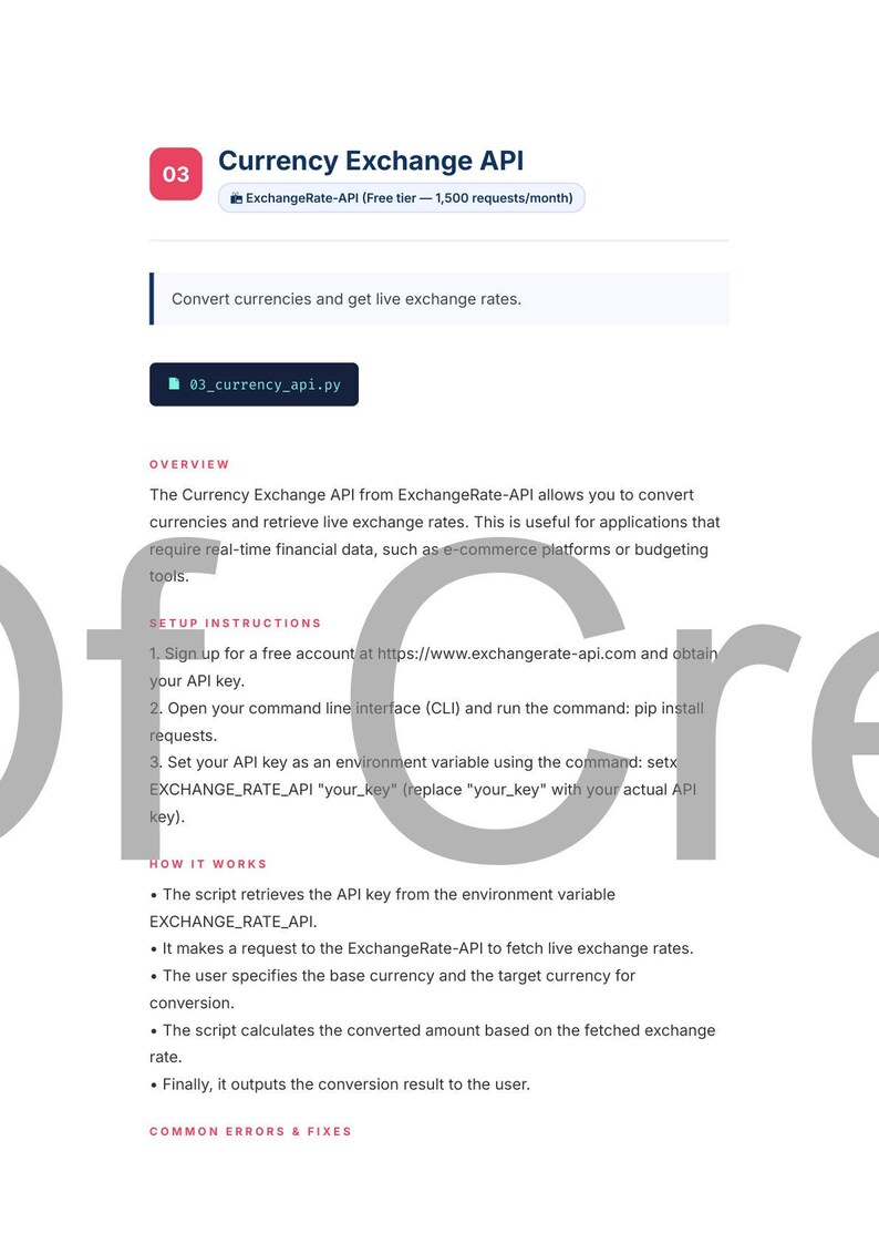 May include: A webpage screenshot detailing the Currency Exchange API. The page includes a title, description, and setup instructions. The API is from ExchangeRate-API and allows currency conversion. The page is white with blue and red accents.