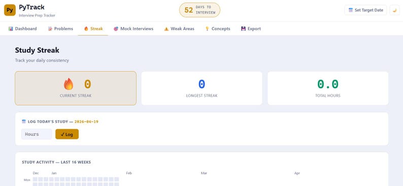 May include: Screenshot of the PyTrack Interview Prep Tracker interface. The interface displays a study streak tracker with sections for current streak, longest streak, and total hours. The interface also includes a study activity chart.