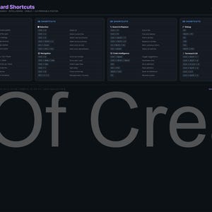 May include: A dark blue poster displaying VS Code keyboard shortcuts. The poster is divided into four sections, each listing shortcuts for different functions like editing, selection, and debugging. The text "VS Code Keyboard Shortcuts" is at the top.