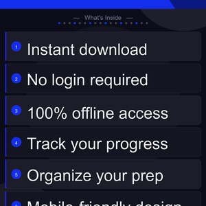 May include: A blue and black graphic with the text "PRODUCT HIGHLIGHTS" at the top. The image lists features including instant download, no login required, 100% offline access, track progress, organize prep, and mobile-friendly design.