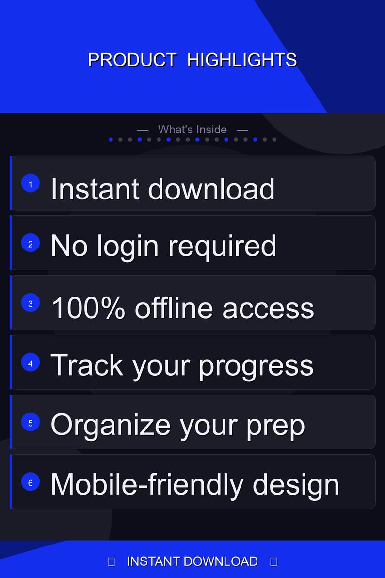 May include: A blue and black graphic with the text "PRODUCT HIGHLIGHTS" at the top. The image lists features including instant download, no login required, 100% offline access, track progress, organize prep, and mobile-friendly design.