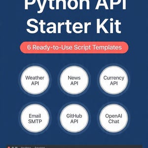Może przedstawiać: Niebieska grafika z tekstem "Python API Starter Kit" i "6 gotowych szablonów skryptów". Zawiera ikony dla Weather API, News API, Currency API, Email SMTP, GitHub API i OpenAI Chat. Dołączony jest przewodnik PDF.