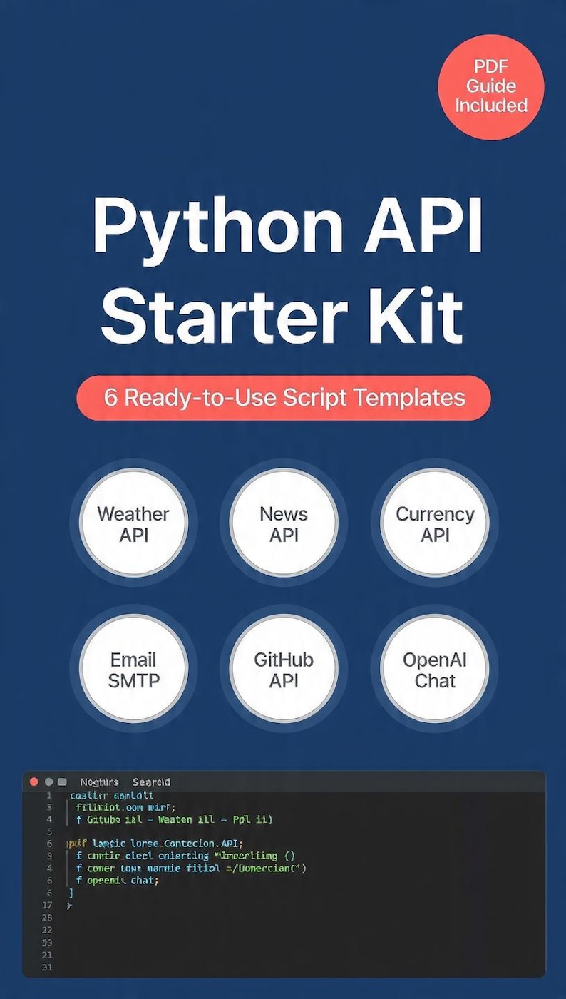 May include: A blue graphic with the text "Python API Starter Kit" and "6 Ready-to-Use Script Templates." Includes icons for Weather API, News API, Currency API, Email SMTP, GitHub API, and OpenAI Chat. A PDF guide is included.
