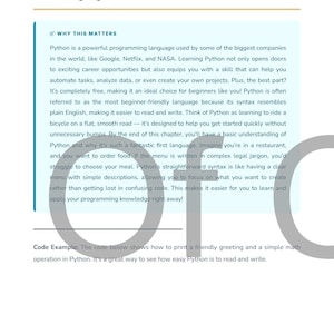 May include: A page from a book titled "What is Python and Why is it the Best First Language?" The text explains Python's benefits, including its use by major companies and beginner-friendly syntax. The page includes a code example.