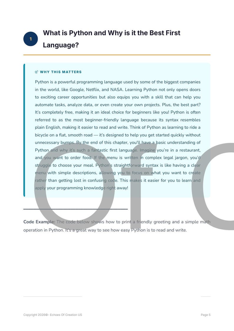 May include: A page from a book titled "What is Python and Why is it the Best First Language?" The text explains Python's benefits, including its use by major companies and beginner-friendly syntax. The page includes a code example.
