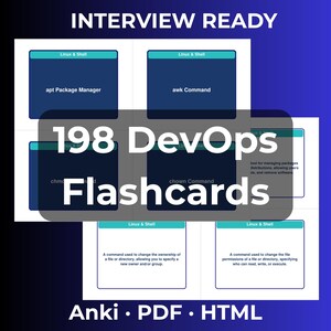 May include: A graphic with the text "INTERVIEW READY" and "198 DevOps Flashcards." The flashcards are blue and white, with text such as "apt Package Manager" and "awk Command." The image also includes "Anki • PDF • HTML."