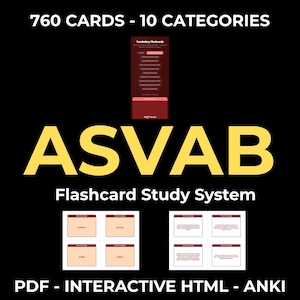 Può includere: Sfondo nero con testo giallo che recita "760 CARTE - 10 CATEGORIE" e "ASVAB Flashcard Study System". L'immagine include una grafica di flashcard e il testo "PDF - INTERACTIVE HTML - ANKI".