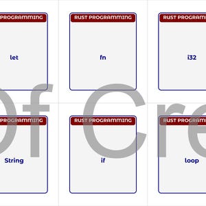 May include: Six white cards with blue borders and the text "RUST PROGRAMMING" at the top. The cards display the words "let", "fn", "i32", "String", "if", and "loop". The cards are arranged in two rows of three.