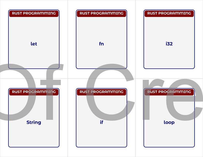 May include: Six white cards with blue borders and the text "RUST PROGRAMMING" at the top. The cards display the words "let", "fn", "i32", "String", "if", and "loop". The cards are arranged in two rows of three.