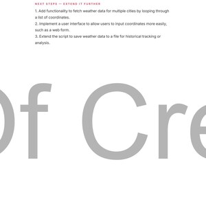 May include: White background with gray text. The text includes instructions on data retrieval from an API, JSON parsing, and extending functionality to fetch weather data for multiple cities. The word "Of Cre" is visible in large gray letters.
