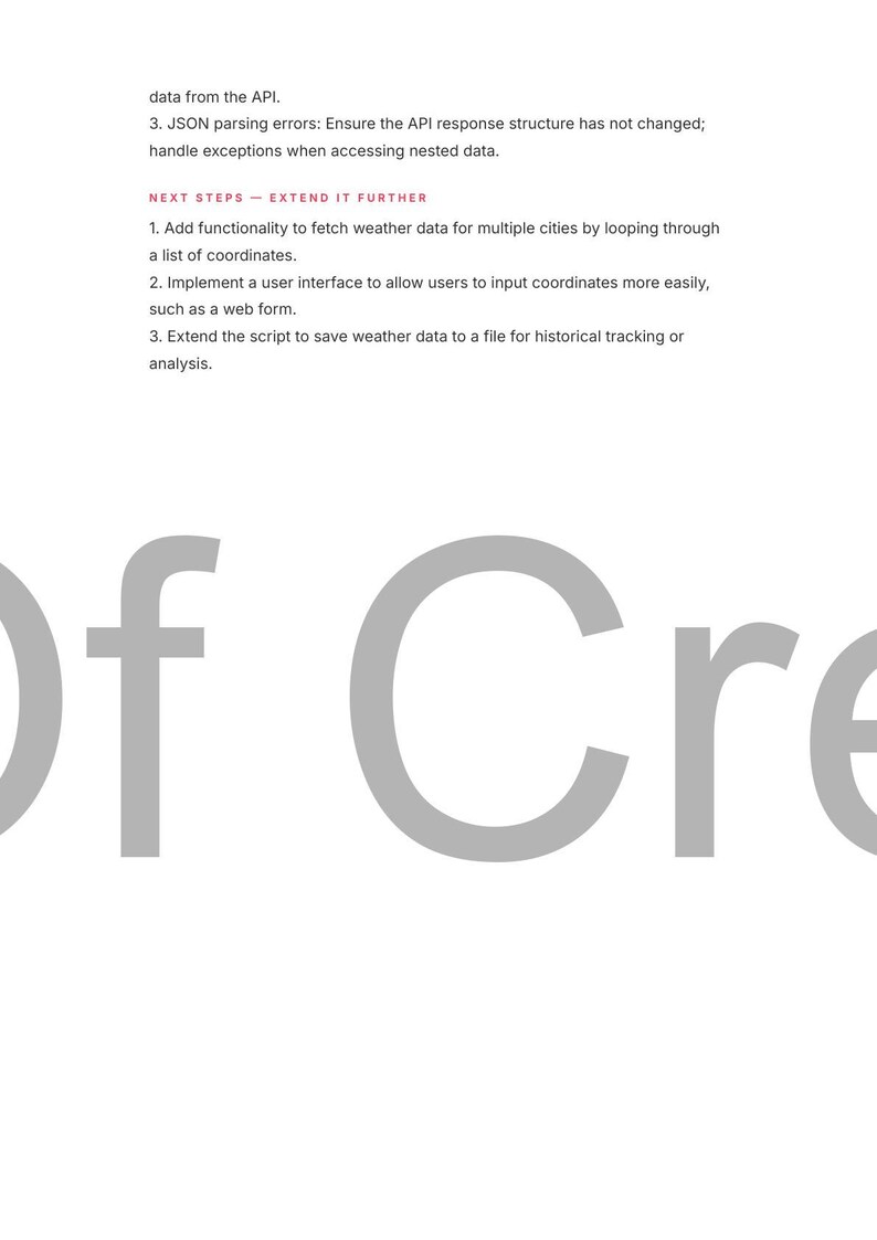 May include: White background with gray text. The text includes instructions on data retrieval from an API, JSON parsing, and extending functionality to fetch weather data for multiple cities. The word "Of Cre" is visible in large gray letters.