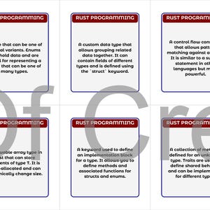 May include: Six rectangular cards with the text "RUST PROGRAMMING" at the top. Each card contains a description of a Rust programming concept. The cards are white with a red border and text.