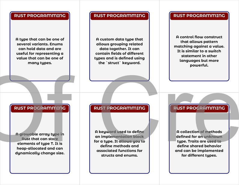 May include: Six rectangular cards with the text "RUST PROGRAMMING" at the top. Each card contains a description of a Rust programming concept. The cards are white with a red border and text.