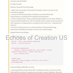 Op de afbeelding: Een witte pagina met tekst over het gebruik van de Leonardo.Ai API voor het genereren van afbeeldingen. De tekst bevat instructies, codefragmenten en een waarschuwing over snelheidslimieten. De titel "Echoes of Creation US" staat bovenaan.