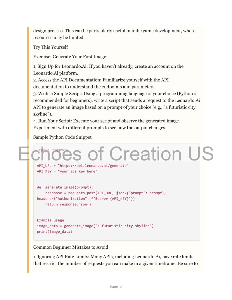 Op de afbeelding: Een witte pagina met tekst over het gebruik van de Leonardo.Ai API voor het genereren van afbeeldingen. De tekst bevat instructies, codefragmenten en een waarschuwing over snelheidslimieten. De titel "Echoes of Creation US" staat bovenaan.