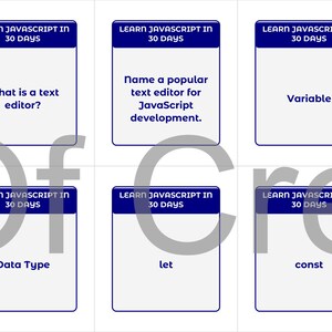 Może przedstawiać: Sześć fiszek z niebieskimi obramowaniami i tekstem "LEARN JAVASCRIPT IN 30 DAYS" u g&oacute;ry. Karty wyświetlają pytania i terminy takie jak "Co to jest edytor tekstu?" i "Zmienna."