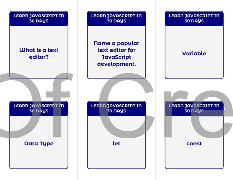 Może przedstawiać: Sześć fiszek z niebieskimi obramowaniami i tekstem "LEARN JAVASCRIPT IN 30 DAYS" u g&oacute;ry. Karty wyświetlają pytania i terminy takie jak "Co to jest edytor tekstu?" i "Zmienna."