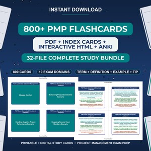 PMP Exam Flashcards 800 Cards Printable Study Set PDF Index Cards Anki Deck HTML App Project Management Professional Exam Prep