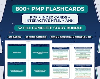 PMP Exam Flashcards 800 Cards Printable Study Set PDF Index Cards Anki Deck HTML App Project Management Professional Exam Prep