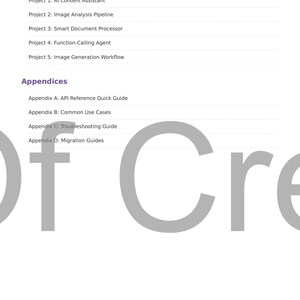 May include: A white page with a table of contents and section titles in purple text. The text includes "Part 6: Real-World Projects" and "Appendices". Large grey letters partially obscure the text.