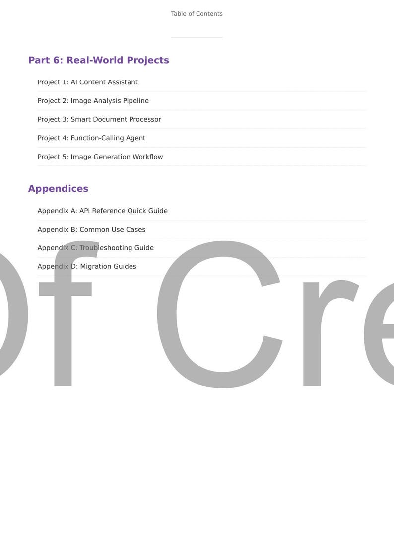 May include: A white page with a table of contents and section titles in purple text. The text includes "Part 6: Real-World Projects" and "Appendices". Large grey letters partially obscure the text.